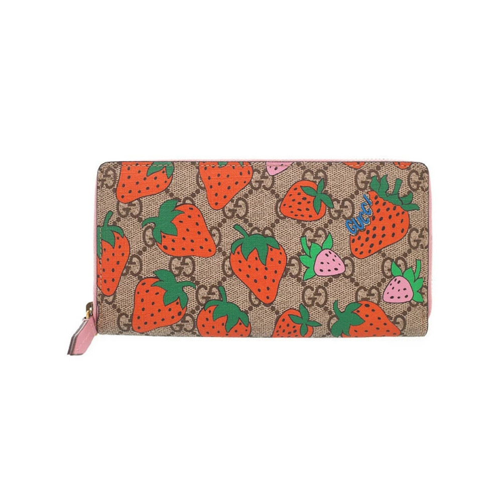 Gucci GG Supreme Straw Tanberry Zip Around Wallet Round Zipper Long